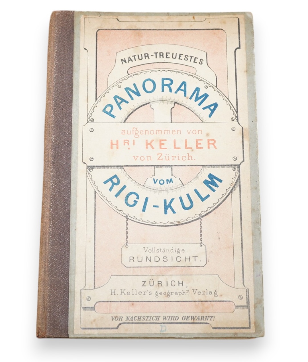 Panorama vom Rigi-Kulm. (Natur-Trenestes) aufgennomen von Hri Keller von Zurich. coloured pictorial, folded, and printed on both sides, extensive locational letterpress along upper borders, extends 20 x 85cms. (approx.)